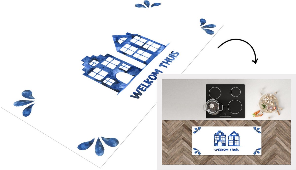 KitchenYeah Keukenloper - Loper keuken - Welkom Thuis - Blauw - Wit - Keukenloper vinyl Multicolor