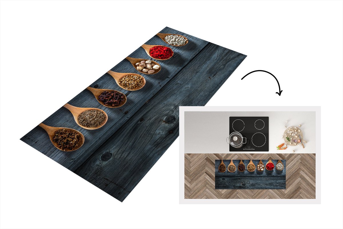 KitchenYeah Keukenloper - Loper keuken - Kruiden op lepels op een houten achtergrond - 120x50 cm - Keukenloper vinyl Multicolor