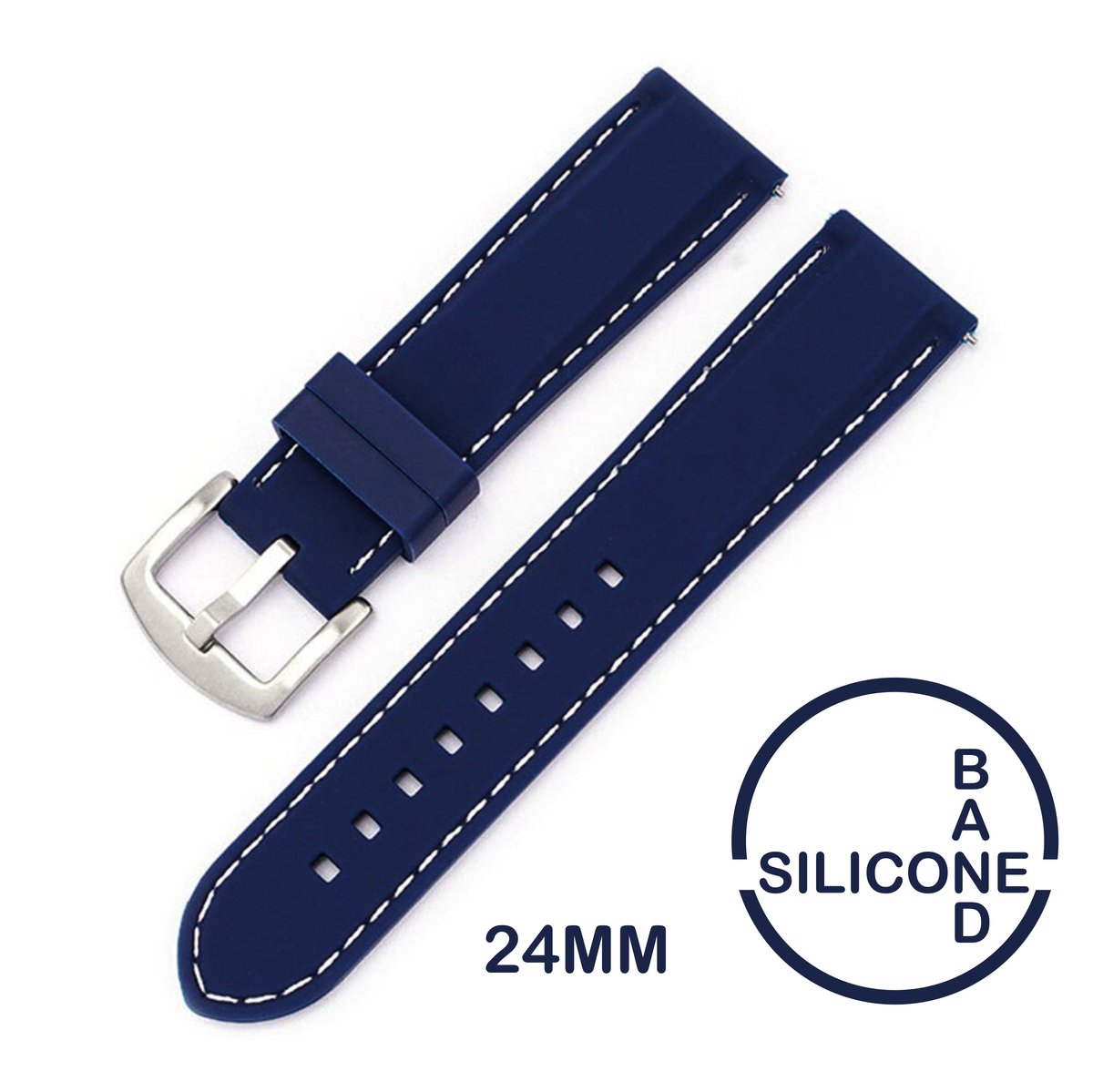24mm Rubber Siliconen horlogeband Blauw met witte stiksels passend op o.a Casio Seiko Citizen en alle andere merken - 24 mm Bandje - Horlogebandje horlogeband