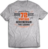 72 Jaar Legend - Feest kado T-Shirt Heren / Dames - Antraciet Grijs / Oranje - Perfect Verjaardag Cadeau Shirt - grappige Spreuken, Zinnen en Teksten. Maat L