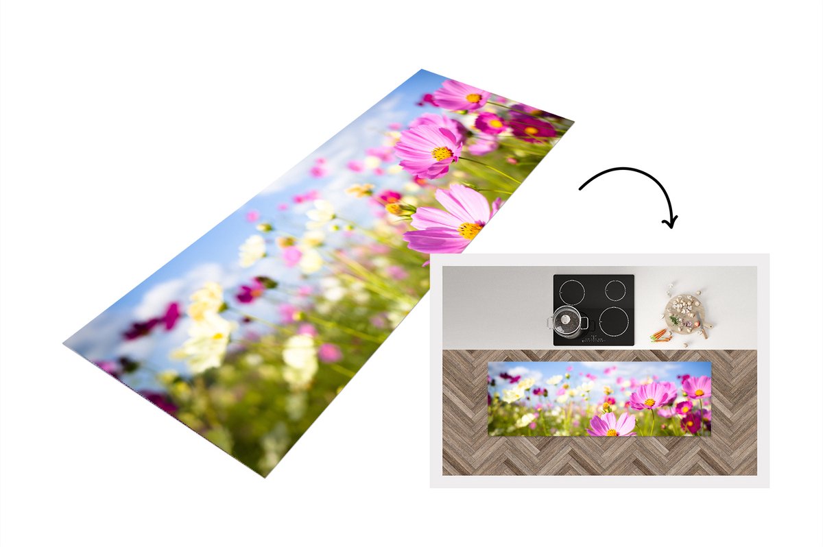 KitchenYeah Keukenloper - Loper keuken - Bloemen - Wei - Paars - 150x50 cm - Keukenloper vinyl Multicolor