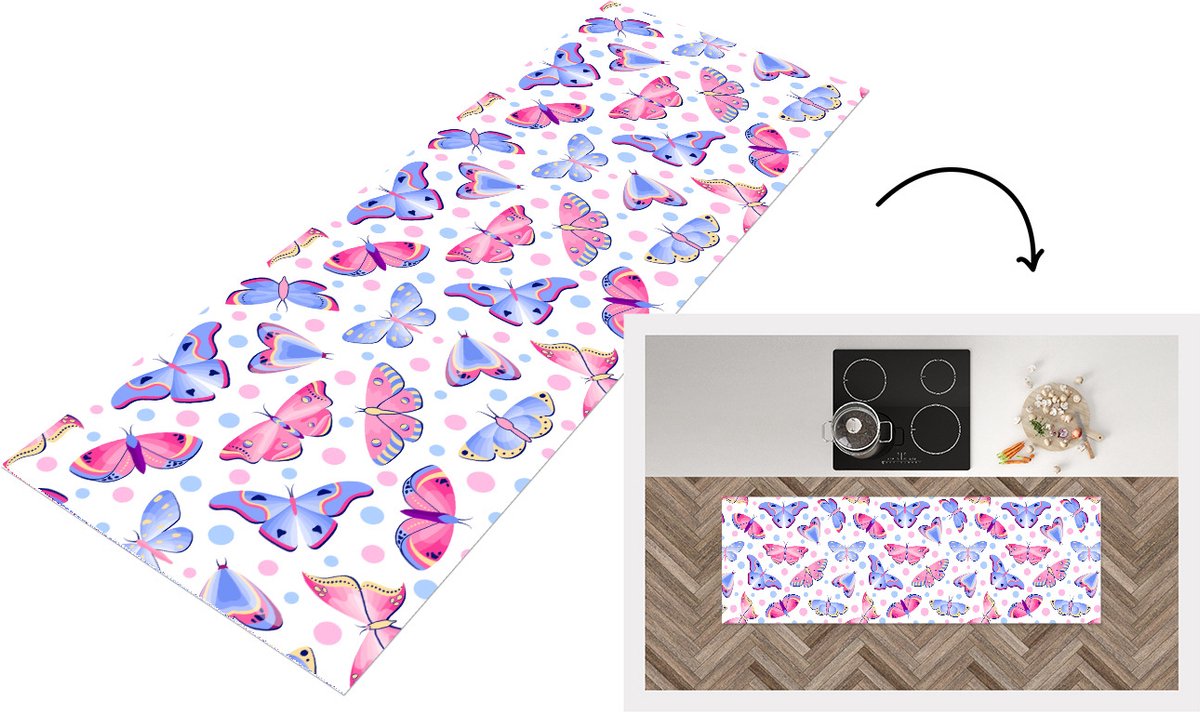 KitchenYeah Keukenloper - Loper keuken - Vlinders - Stippen - Patronen - 180x60 cm - Keukenloper vinyl Multicolor