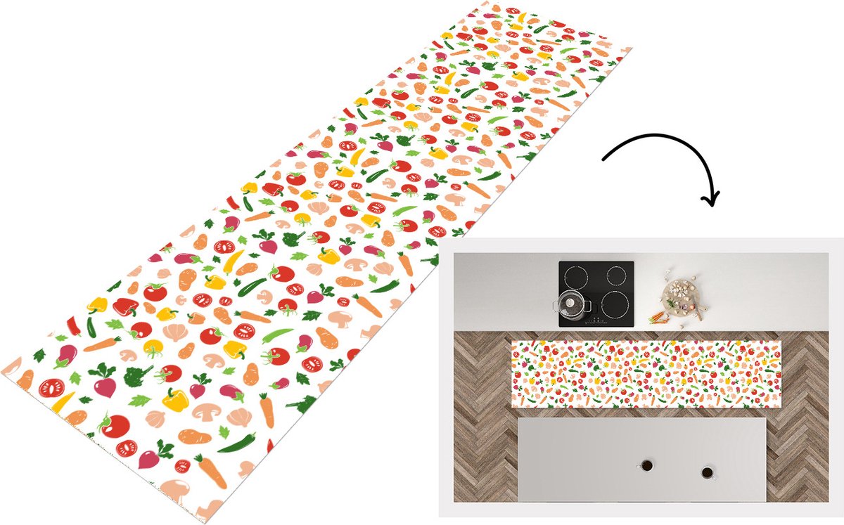 KitchenYeah Keukenloper - Loper keuken - Groenten - Regenboog - Vegan - Patroon - 200x50 cm - Keukenloper vinyl Multicolor