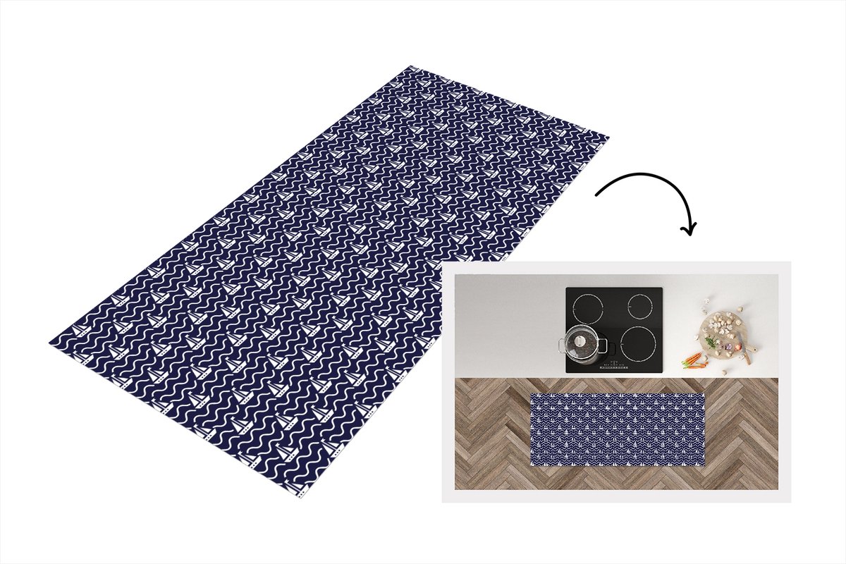 KitchenYeah Keukenloper - Loper keuken - Patroon - Zee - Boot - 120x50 cm - Keukenloper vinyl Multicolor