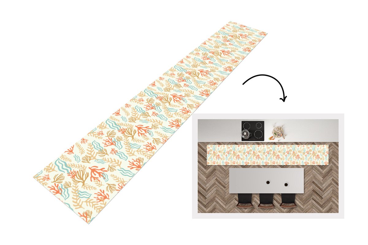 KitchenYeah Keukenloper - Loper keuken - Patronen - Strand - Zee - Waterplanten - 300x50 cm - Keukenloper vinyl Multicolor