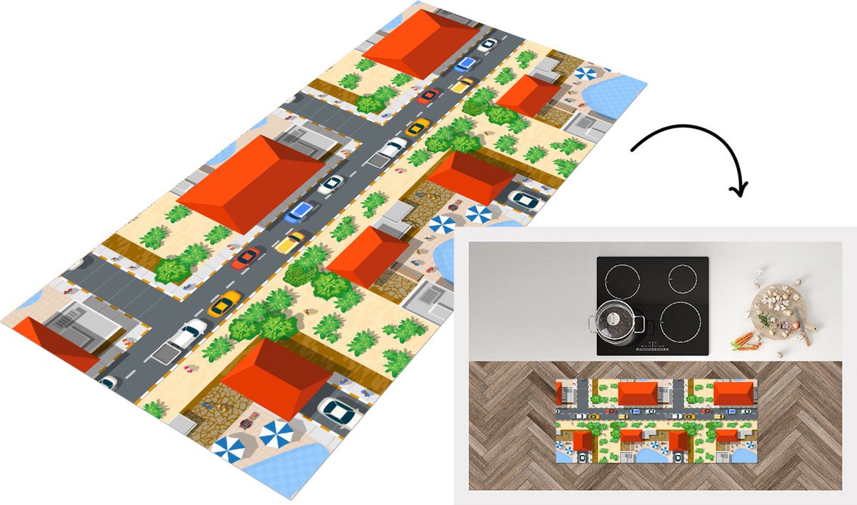 KitchenYeah Keukenloper - Loper keuken - Auto - Patronen - Wegen - Steden - 120x50 cm - Keukenloper vinyl Multicolor