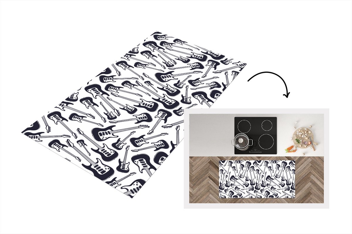 KitchenYeah Keukenloper - Loper keuken - Gitaar - Patronen - Zwart Wit - 120x60 cm - Keukenloper vinyl Zwart; Wit