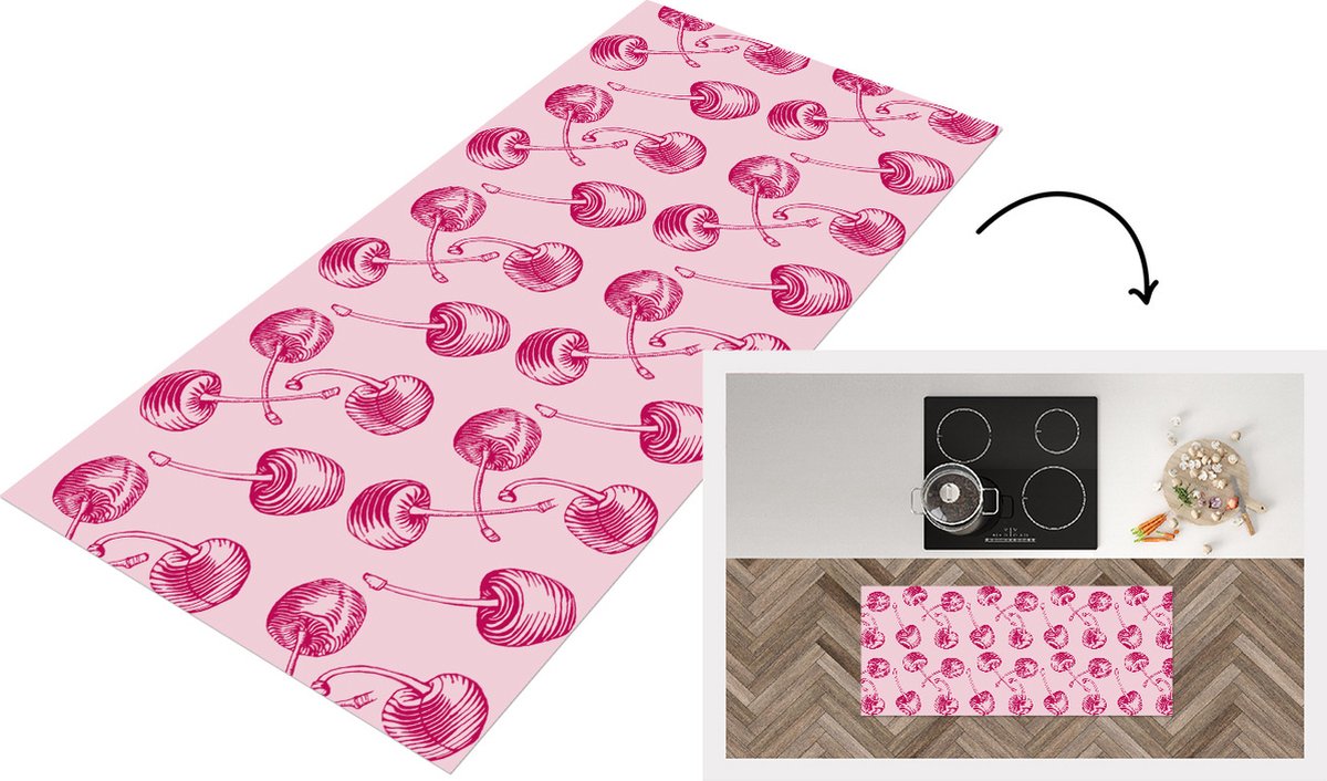 KitchenYeah Keukenloper - Loper keuken - Vintage - Kersen - Patronen - Roze - 120x50 cm - Keukenloper vinyl Multicolor