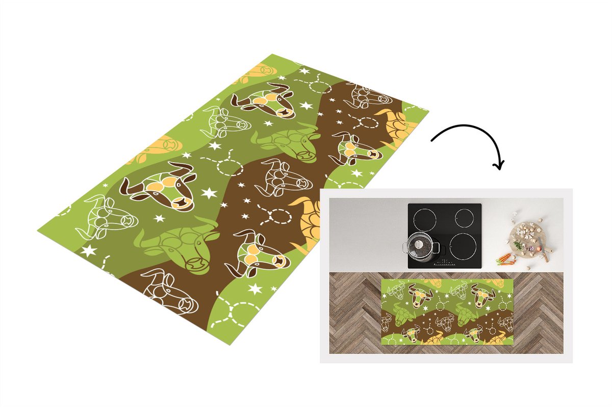 KitchenYeah Keukenloper - Loper keuken - Stier - Zodiac - Groen - Patroon - 120x60 cm - Keukenloper vinyl Multicolor