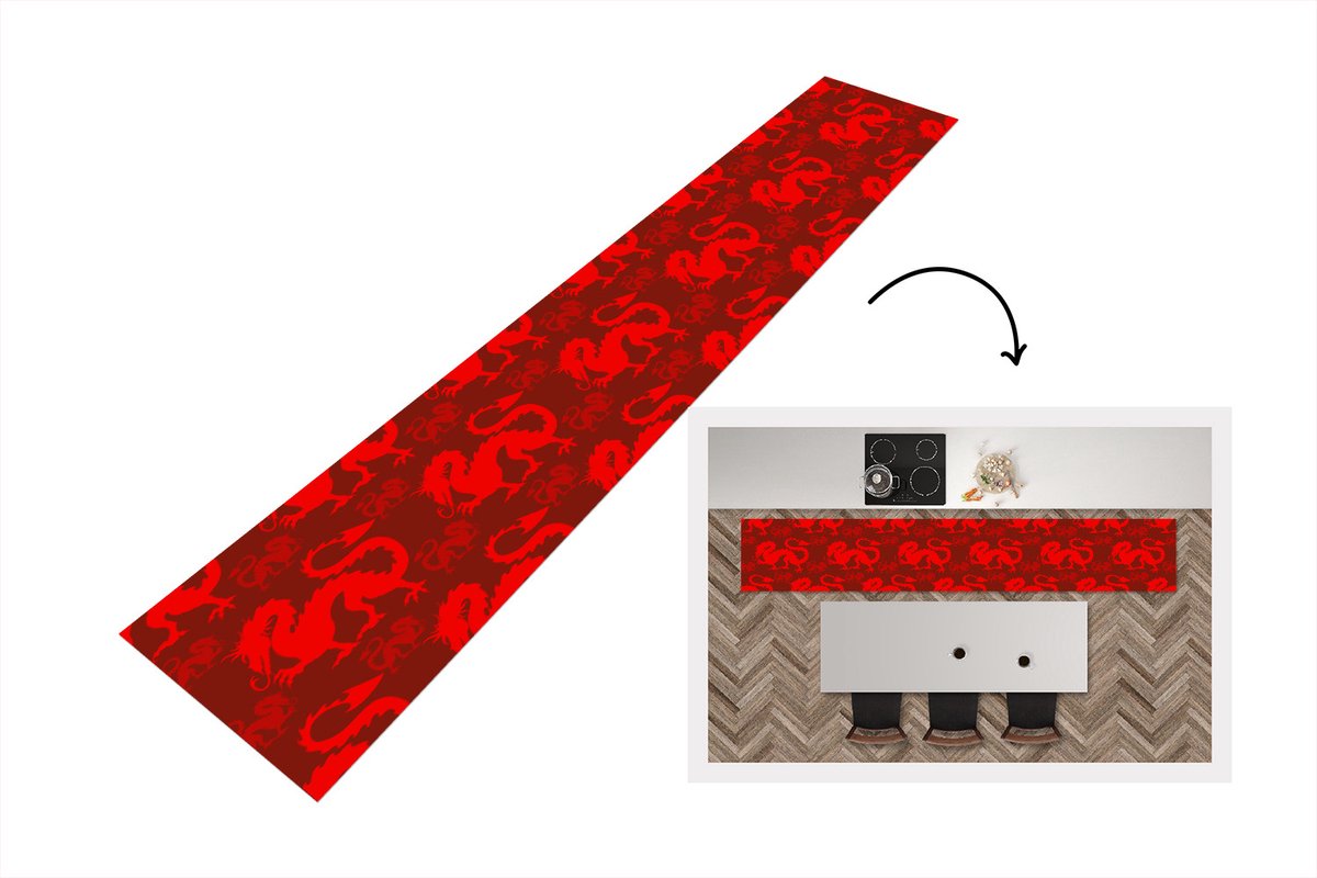 KitchenYeah Keukenloper - Loper keuken - Draak - Rood - Patronen - 300x50 cm - Keukenloper vinyl Multicolor