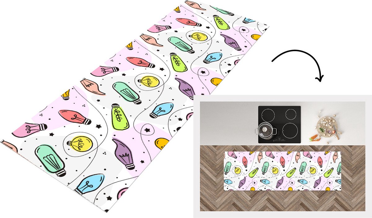 KitchenYeah Keukenloper - Loper keuken - Pastel - Regenboog - Lamp - Patronen - 150x50 cm - Keukenloper vinyl Multicolor