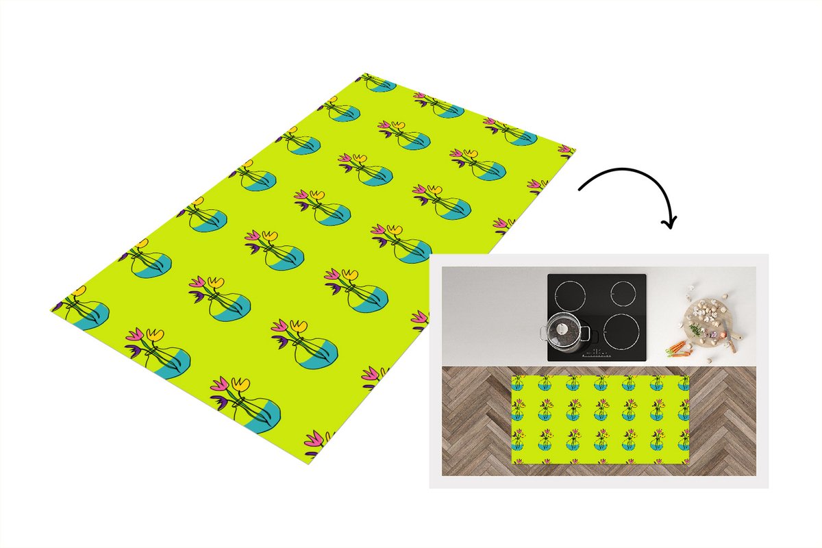 KitchenYeah Keukenloper - Loper keuken - Bloemen - Vazen - Patronen - 120x60 cm - Keukenloper vinyl Multicolor