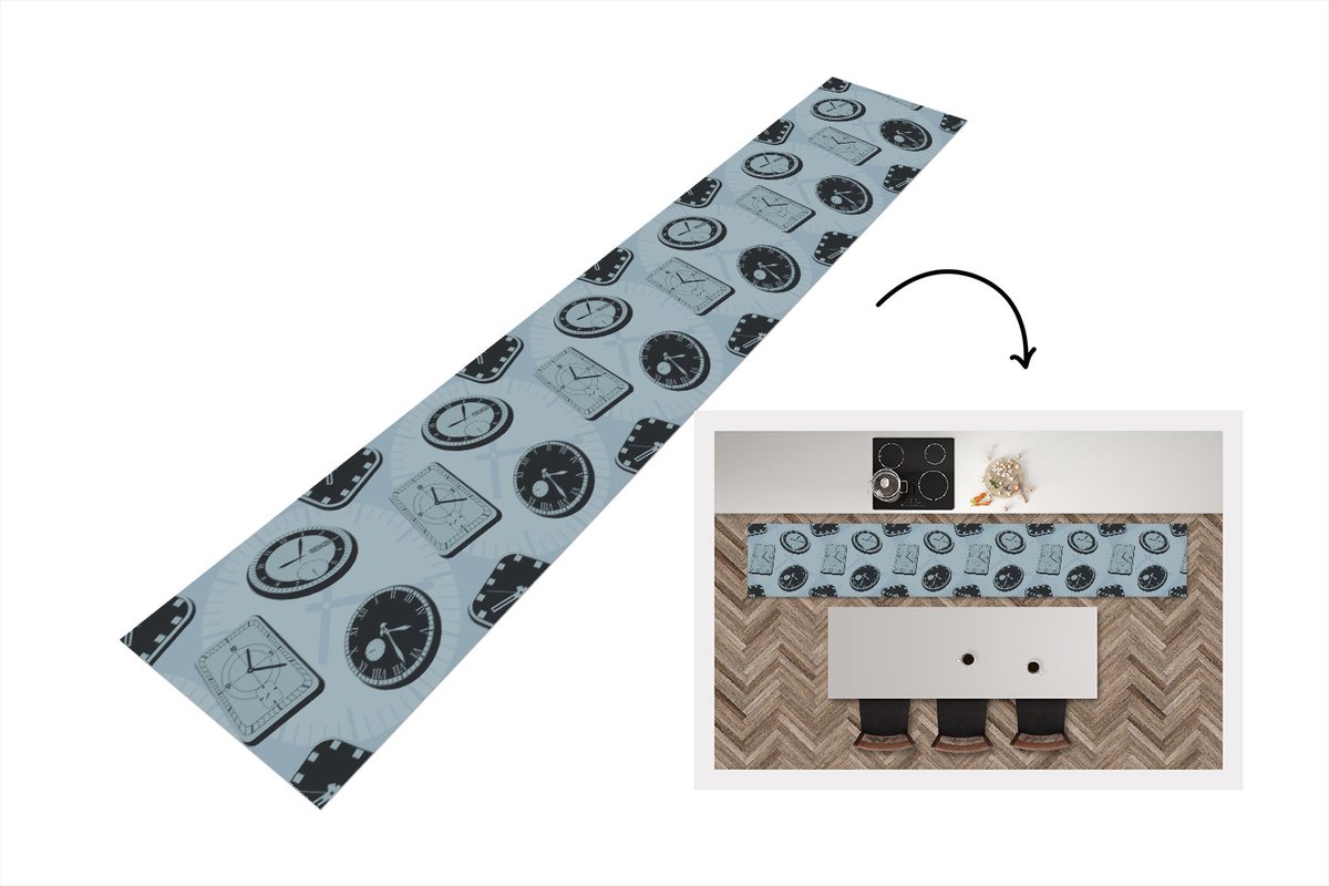 KitchenYeah Keukenloper - Loper keuken - Klok - Patronen - Vintage - 300x50 cm - Keukenloper vinyl Multicolor