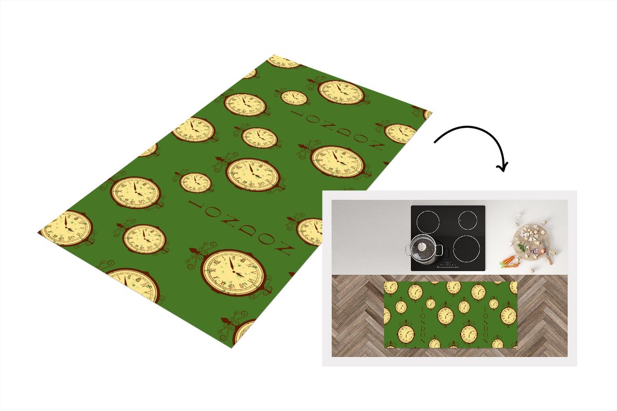 KitchenYeah Keukenloper - Loper keuken - Londen - Vintage - Klok - Patroon - 120x60 cm - Keukenloper vinyl Multicolor