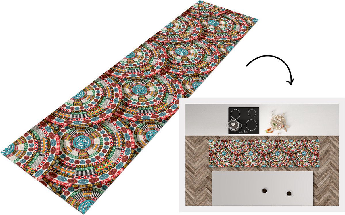 KitchenYeah Keukenloper - Loper keuken - Tegel - Azteken - Cirkels - Patronen - 240x60 cm - Keukenloper vinyl Multicolor