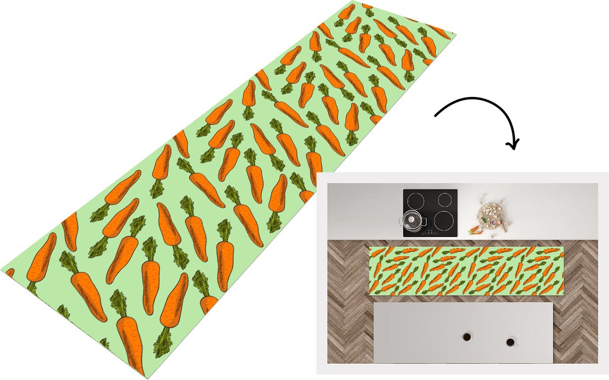 KitchenYeah Keukenloper - Loper keuken - Vintage - Wortel - Patronen - Groente - 240x60 cm - Keukenloper vinyl Multicolor