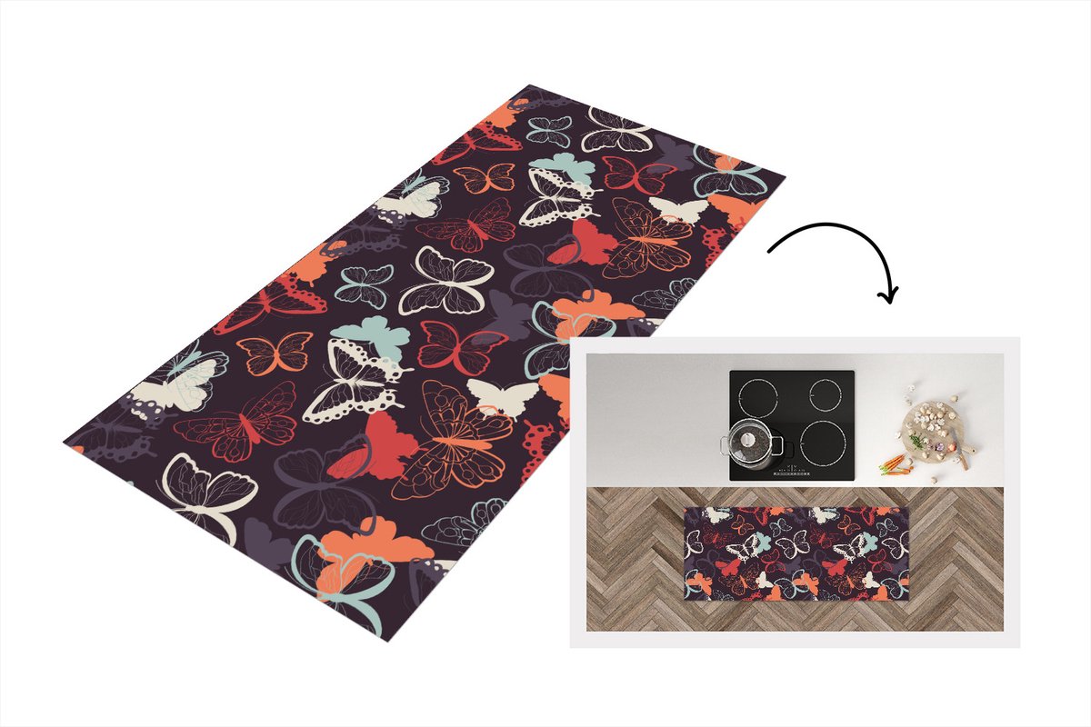 KitchenYeah Keukenloper - Loper keuken - Vlinders - Patronen - Abstract - 120x50 cm - Keukenloper vinyl Multicolor