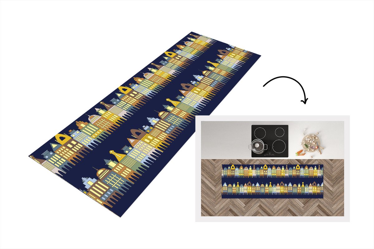 KitchenYeah Keukenloper - Loper keuken - Patronen - Huizen - Gebouw - 180x60 cm - Keukenloper vinyl Multicolor