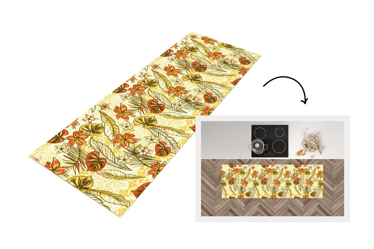 KitchenYeah Keukenloper - Loper keuken - Vintage - Bloemen - Bladeren - Hawaii - Patroon - 180x60 cm - Keukenloper vinyl Multicolor