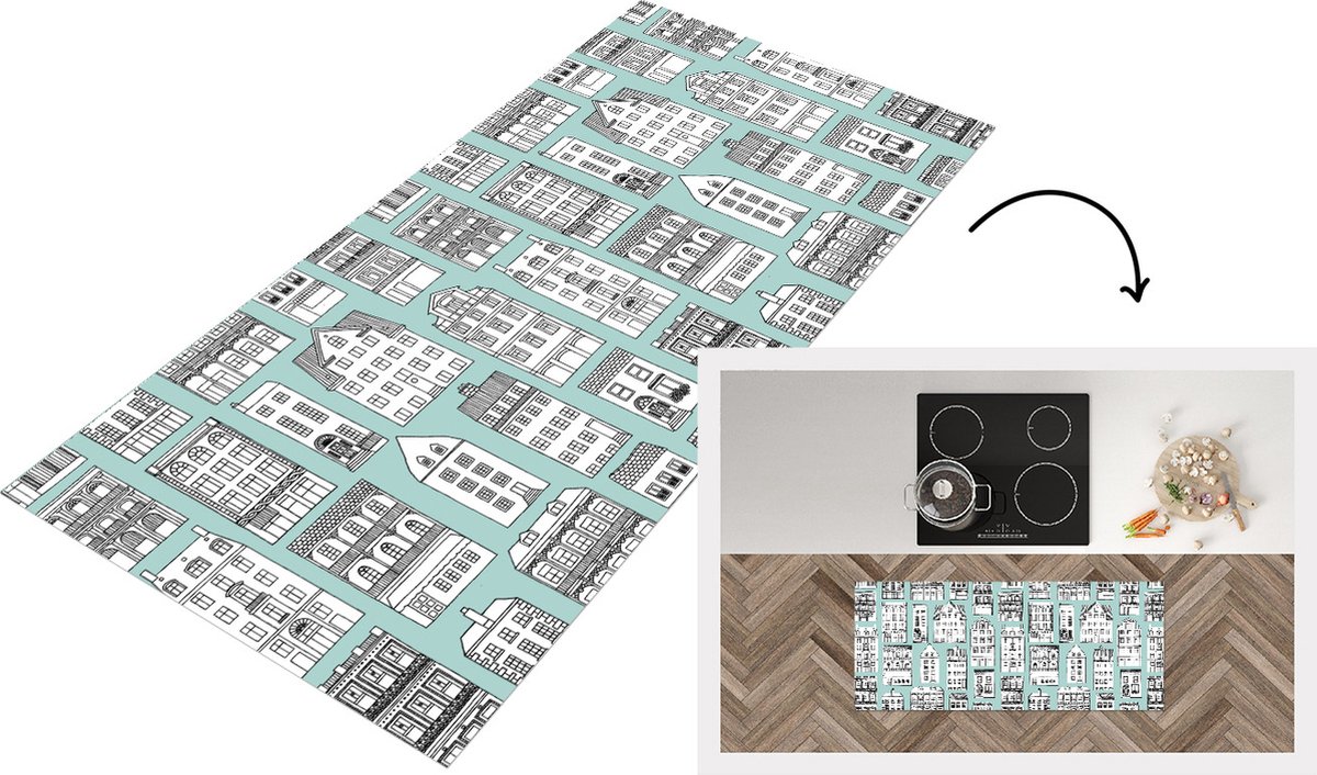KitchenYeah Keukenloper - Loper keuken - Patronen - Huis - Skyline - 120x50 cm - Keukenloper vinyl Multicolor