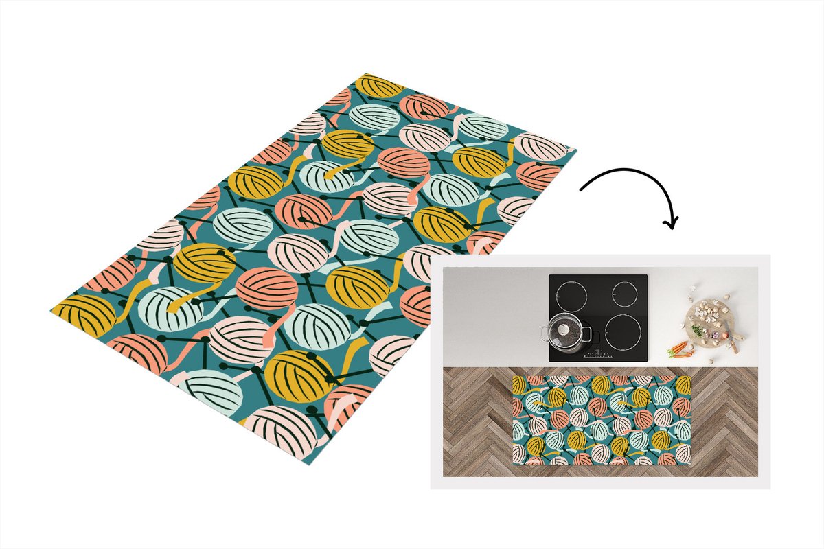 KitchenYeah Keukenloper - Loper keuken - Breien - Wol - Patronen - 120x60 cm - Keukenloper vinyl Multicolor