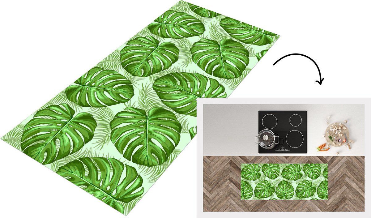KitchenYeah Keukenloper - Loper keuken - Monstera - Palmblad - Patronen - 120x50 cm - Keukenloper vinyl Multicolor