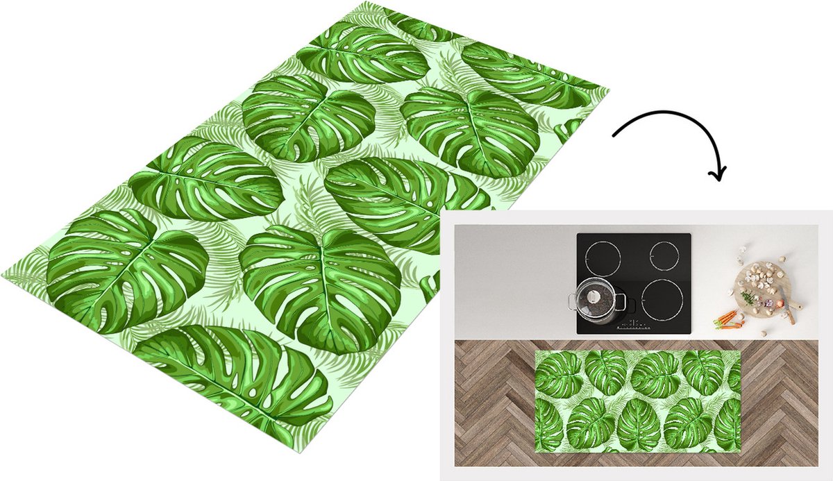 KitchenYeah Keukenloper - Loper keuken - Monstera - Palmblad - Patronen - 120x60 cm - Keukenloper vinyl Multicolor