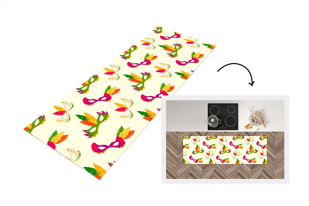 Keukenloper - Loper keuken - Carnaval - Masker - Patronen - 150x50 cm - Keukenloper vinyl