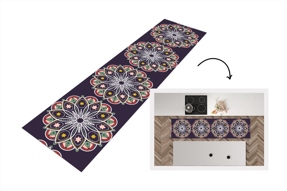 KitchenYeah Keukenloper - Loper keuken - Mandala - Ster - Design - 240x60 cm - Keukenloper vinyl Multicolor