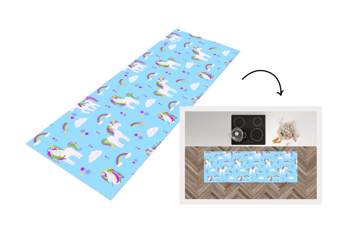 KitchenYeah Keukenloper - Loper keuken - Unicorn - Regenboog - Patronen - Kind - 180x60 cm - Keukenloper vinyl Multicolor