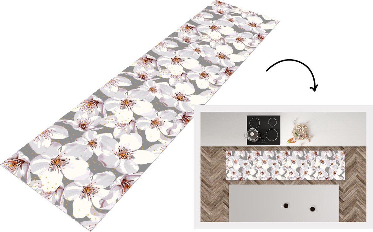 KitchenYeah Keukenloper - Loper keuken - Bloemen - Sakura - Patronen - 240x60 cm - Keukenloper vinyl Multicolor