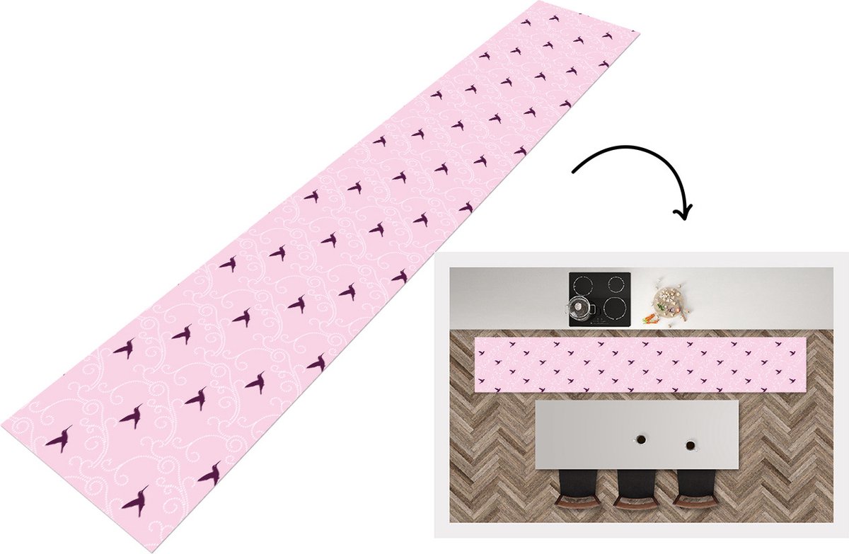 KitchenYeah Keukenloper - Loper keuken - Vogel - Patronen - Roze - 300x50 cm - Keukenloper vinyl Multicolor