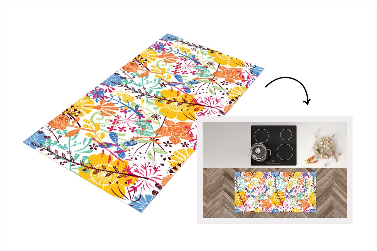 KitchenYeah Keukenloper - Loper keuken - Bloemen - Planten - Regenboog - Patronen - 120x60 cm - Keukenloper vinyl Multicolor