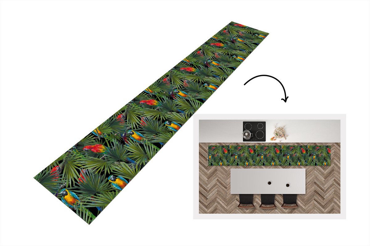 KitchenYeah Keukenloper - Loper keuken - Papegaai - Jungle - Patronen - 300x50 cm - Keukenloper vinyl Multicolor