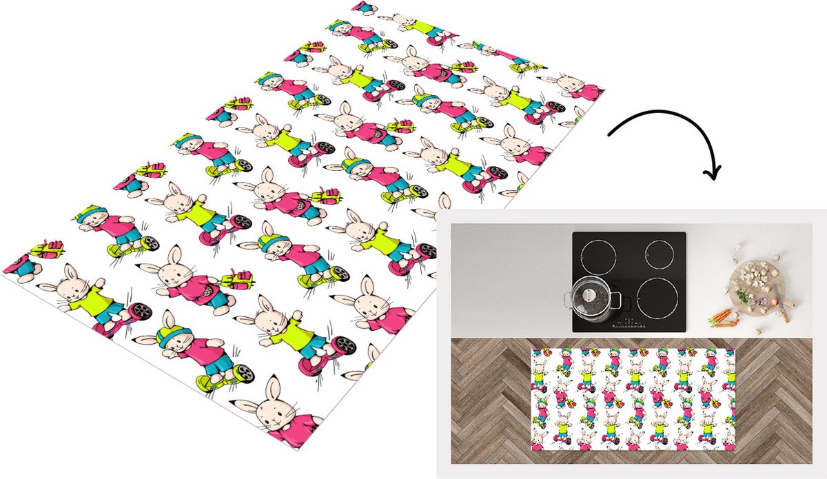 KitchenYeah Keukenloper - Loper keuken - School - Konijnen - Dieren - Kinderen - Patronen - 120x60 cm - Keukenloper vinyl Multicolor