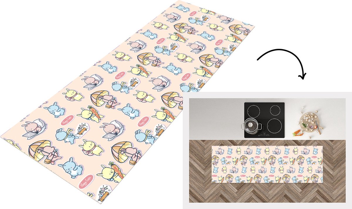 KitchenYeah Keukenloper - Loper keuken - Patronen - Konijn - Cartoon - Pastel - Kinderen - 180x60 cm - Keukenloper vinyl Multicolor
