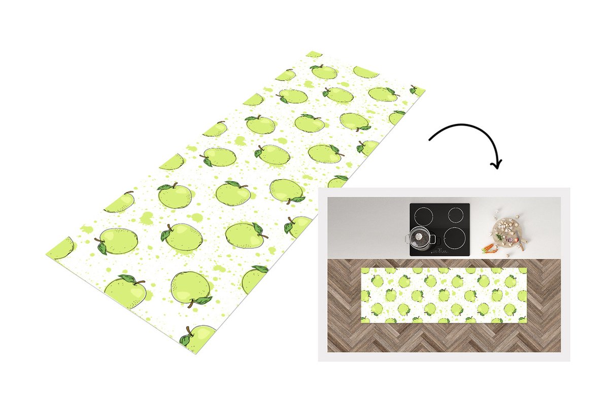 KitchenYeah Keukenloper - Loper keuken - Waterverf - Appel - Groen - Patronen - 150x50 cm - Keukenloper vinyl Multicolor