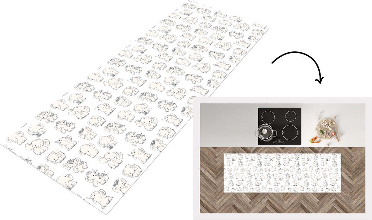 KitchenYeah Keukenloper - Loper keuken - Olifant - Patroon - Baby - 180x60 cm - Keukenloper vinyl Multicolor