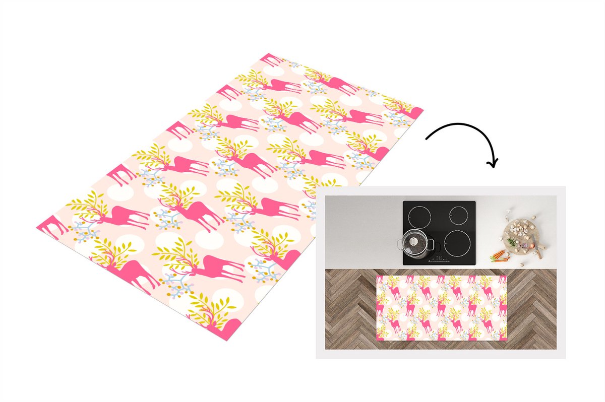 KitchenYeah Keukenloper - Loper keuken - Hert - Roze - Patronen - 120x60 cm - Keukenloper vinyl Multicolor