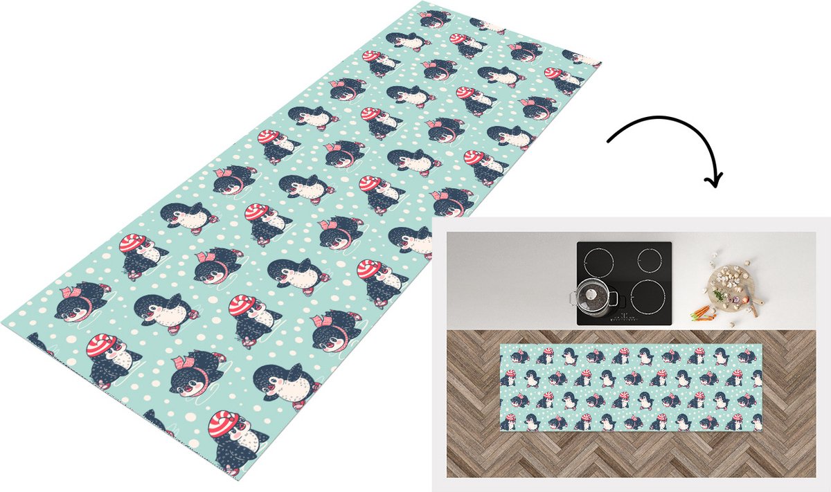 KitchenYeah Keukenloper - Loper keuken - Pinguïn - Schaatsen - Muts - Kinderen - Patroon - 150x50 cm - Keukenloper vinyl Multicolor