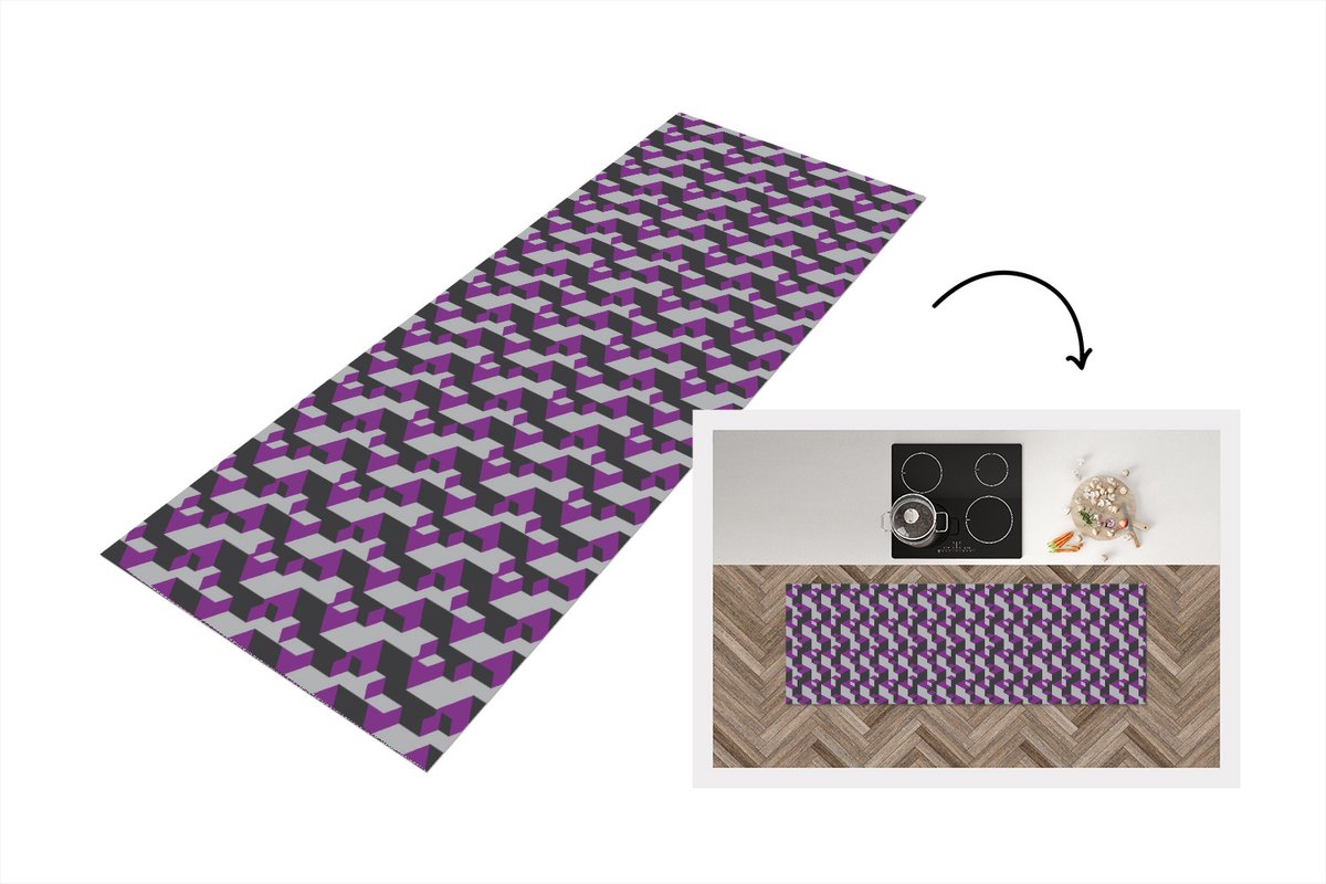 KitchenYeah Keukenloper - Loper keuken - Blokken - Patronen - 3D - Paars - Keukenloper vinyl, foto 5