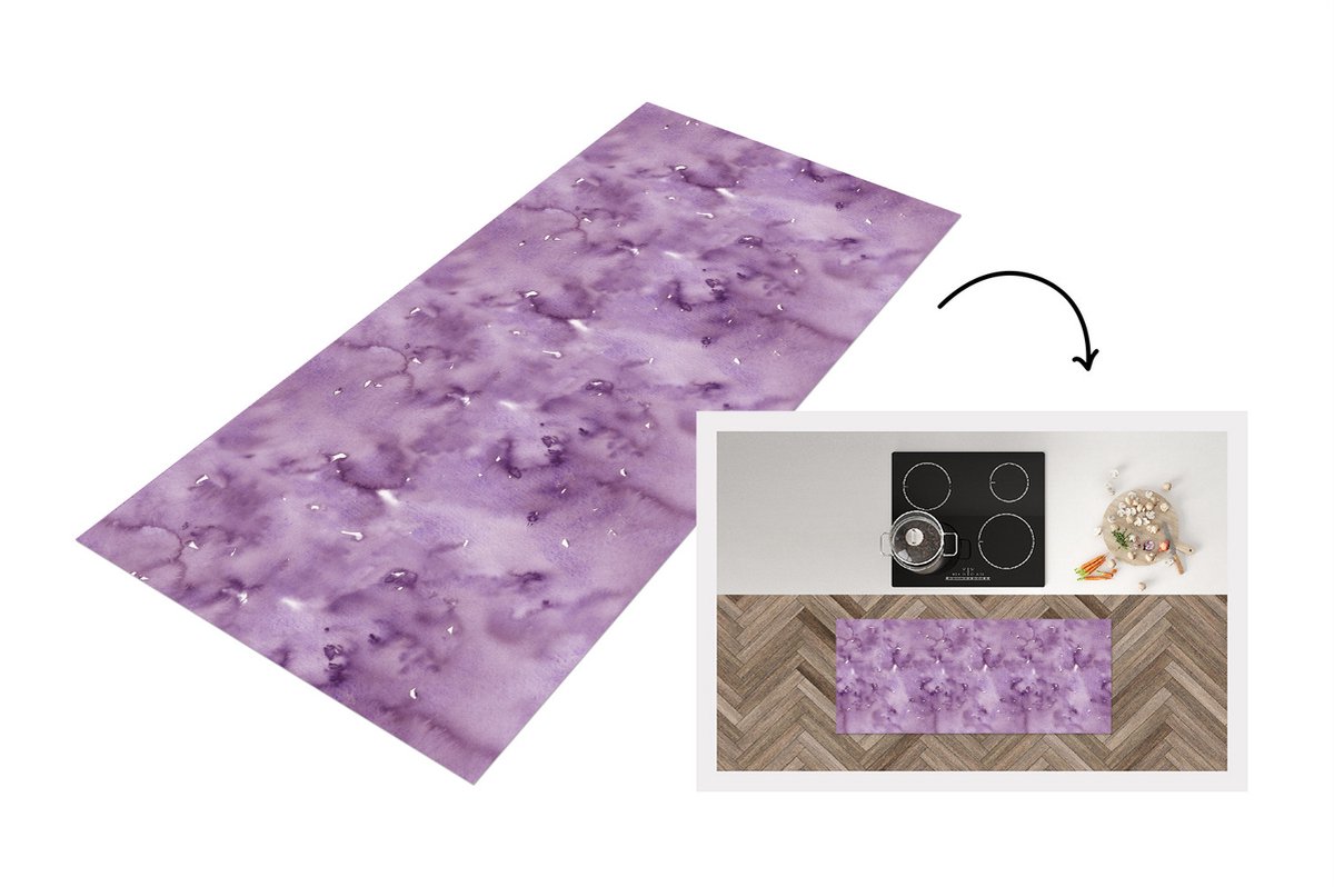 KitchenYeah Keukenloper - Loper keuken - Waterverf - Patronen - Paars - 120x50 cm - Keukenloper vinyl Multicolor