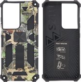 Hoesje Geschikt Voor Samsung Galaxy S21 Plus Hoesje - Rugged Extreme Backcover Blaadjes Camouflage met Kickstand - Groen