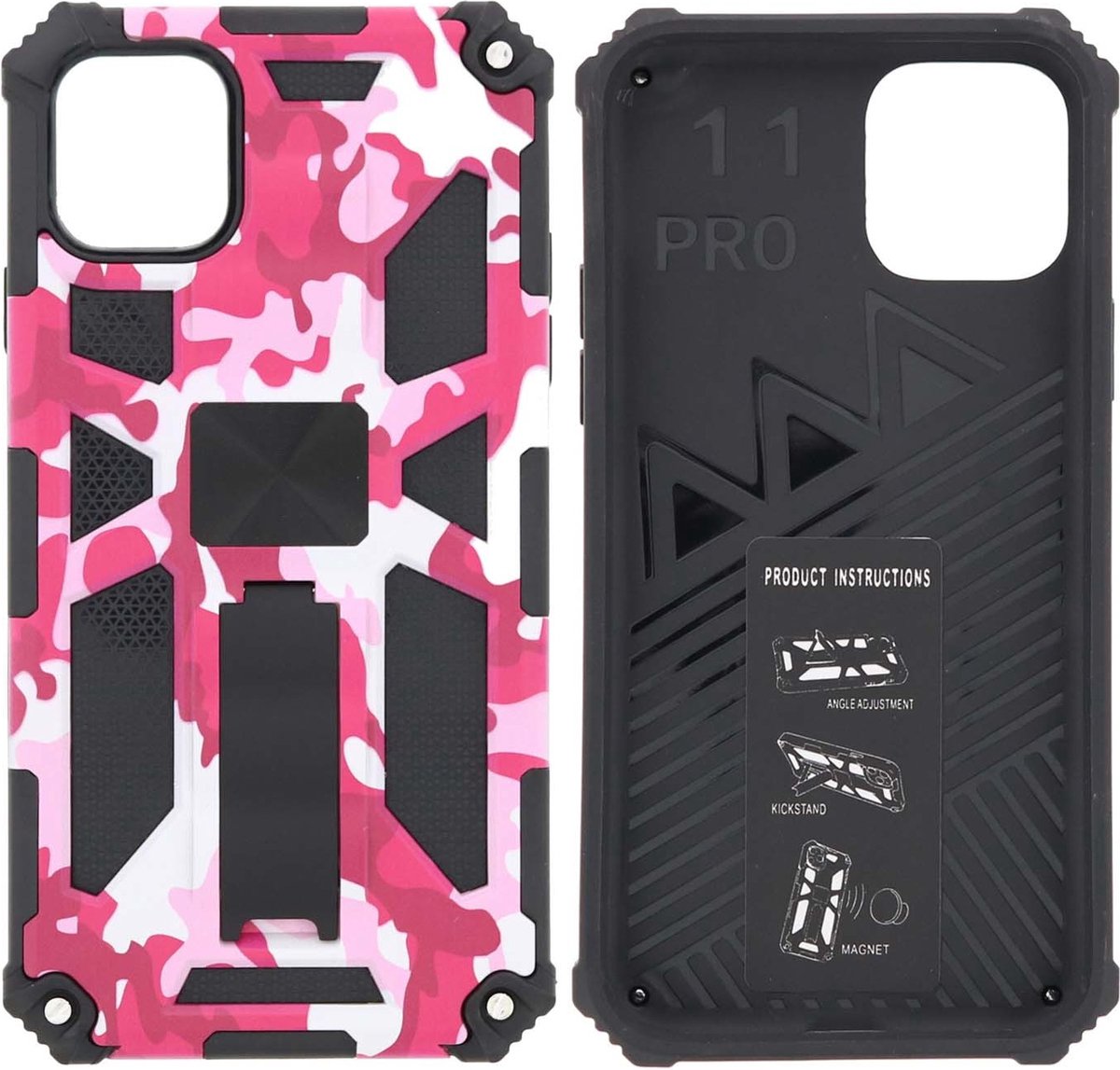 Hoesje Geschikt voor iPhone 11 Pro Hoesje - Rugged Extreme Backcover Camouflage met Kickstand - Pink