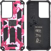 Hoesje Geschikt Voor Samsung Galaxy S21 Ultra Hoesje - Rugged Extreme Backcover Camouflage met Kickstand - Pink