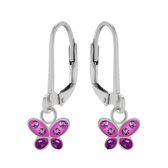 Oorbellen meisjes zilver | Zilveren oorhangers, roze vlinder met kristallen