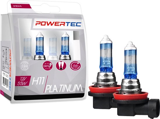Twee Powertec H11 Platinum halogeenlampen, 12V 55W, uit de verpakking, met blauwe gloed.