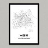 Weert city poster, A4 met lijst,  plattegrond poster, woonplaatsposter, woonposter