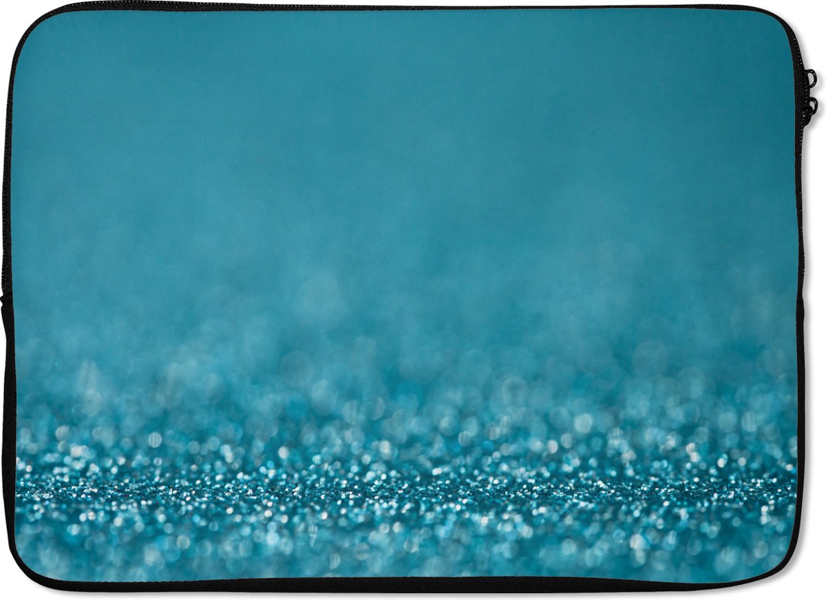 Laptophoes 14 inch - Turquoise gekleurde glitters - Laptop sleeve - Binnenmaat 33x23 cm - Zwarte achterkant