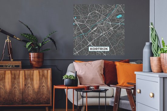 Muurstickers - Sticker Folie - België – Kortrijk – Stadskaart – Kaart – Blauw – Plattegrond - 80x80 cm - Plakfolie - Muurstickers Kinderkamer - Zelfklevend Behang - Zelfklevend behangpapier - Stickerfolie